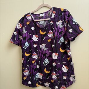 Hello Kitty Halloween Ghost Zombie Witch Cat Skull V-Neck Scrub Top Size Large